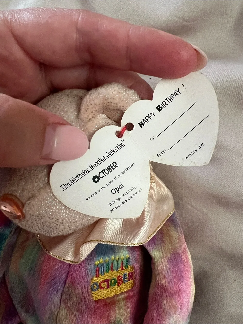 Ty Beanie Babies Birthday October Bear Plush Opal Birthstone 2001 w/ Tag 8”